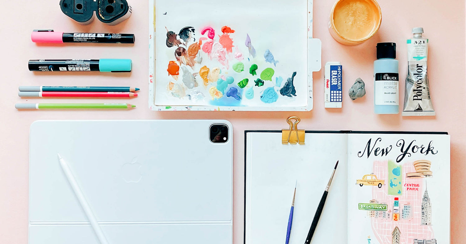 Art Supplies, paints, paint brushes, sketchbook