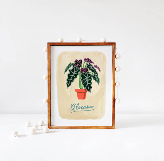Alocasia plant illustration in wood frame