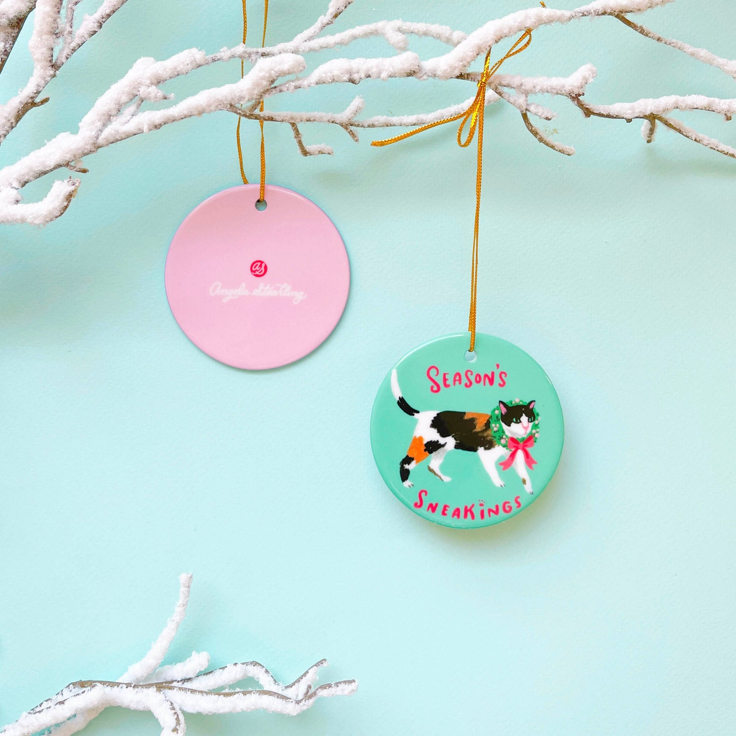 Calico cat Christmas ornament with holiday wreath