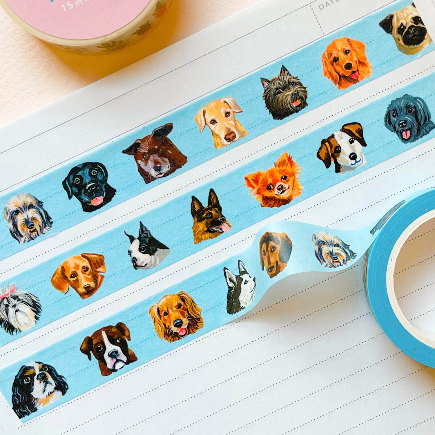 Dog washi tape on blue background on a notebook