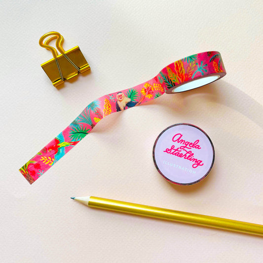 Tropical red washi tape with palm leaves and monkey pattern