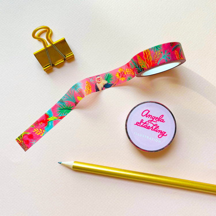 Tropical red washi tape with palm leaves and monkey pattern