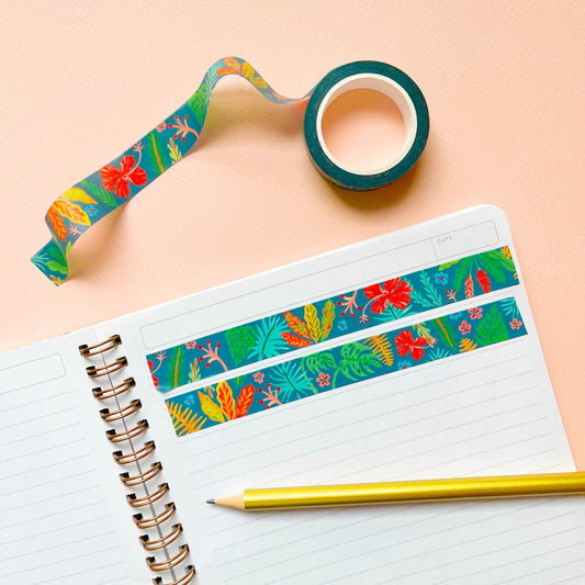 Tropical blue washi tape with flowers, monstera leaves, and palm leaves