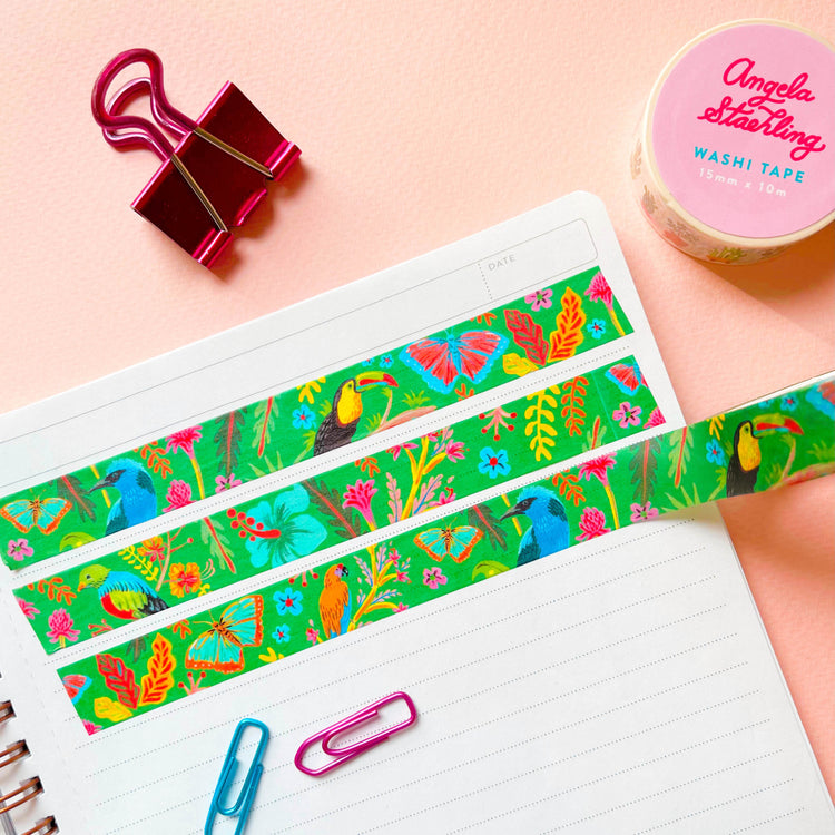 Tropical green washi tape with birds, butterflies, and plants