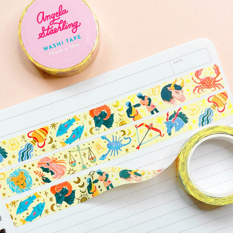 Zodiac washi tape with gold foil stars and moons