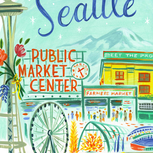 Seattle art detail with Space Needle, Pikes Place Market, and Public Market Center; trendy illustration by Angela Staehling